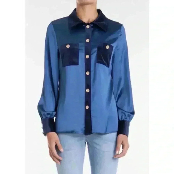 Edward Achour Paris Satin Button Up Shirt 44 Blouse Patch Pocket Metallic Button - Picture 1 of 10